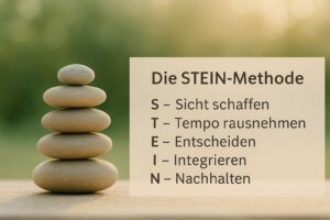 Fünf glatte Steine im sanften Morgenlicht – Symbol für die fünf Schritte der STEIN-Methode zu Klarheit und innerer Ordnung.