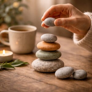 Eine Frauenhand stapelt behutsam einen glatten Stein auf einen Turm aus drei bereits ausbalancierten Steinen. Zwei weitere Steine liegen wartend auf einem warmen Holztisch. Im Hintergrund steht eine schlichte Tasse, das Licht ist weich und warm. Die Szene wirkt ruhig, geborgen und menschlich – ein Moment des inneren Leiserwerdens mitten im Tun.