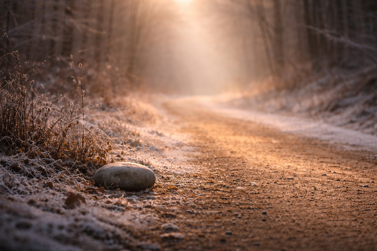 Winterlicher Waldweg im weichen Morgenlicht. Am Rand liegt ein einzelner, naturbelassener Stein, halb im Schatten, halb vom warmen Licht berührt. Der Weg verliert sich ruhig im Hintergrund und steht sinnbildlich für Ankommen nach einem schweren Jahr.