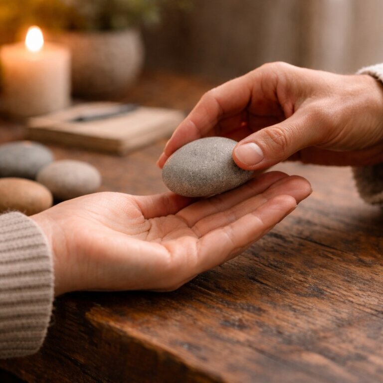 Zwei ruhige Hände übergeben achtsam einen glatten Stein auf einem alten Holztisch. Weitere Steine liegen bereit, warmes Licht und eine Kerze im Hintergrund schaffen einen geschützten Raum. Das Bild steht für Begleitung, Halt geben, Orientierung ermöglichen und das behutsame Weiterreichen dessen, was getragen werden kann.
