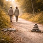 Zwei Menschen gehen ruhig von hinten einen Waldweg entlang. Am Wegesrand liegen ungeordnete Steine, weiter vorne sind dieselben Steine ruhig und klar angeordnet. Sanftes Licht und viel Raum vermitteln Begleitung, Orientierung und das Entstehen von Ruhe mitten im Ungeordneten.