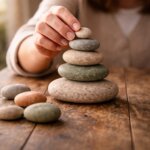 Eine Frauenhand stapelt achtsam fünf naturbelassene Steine zu einem ruhigen Turm auf einem alten Holztisch. Die warmen Zeniorenfarben, das sanfte Licht und die bewusst gesetzte Bewegung vermitteln Orientierung, innere Ordnung und das Entstehen von Ruhe.