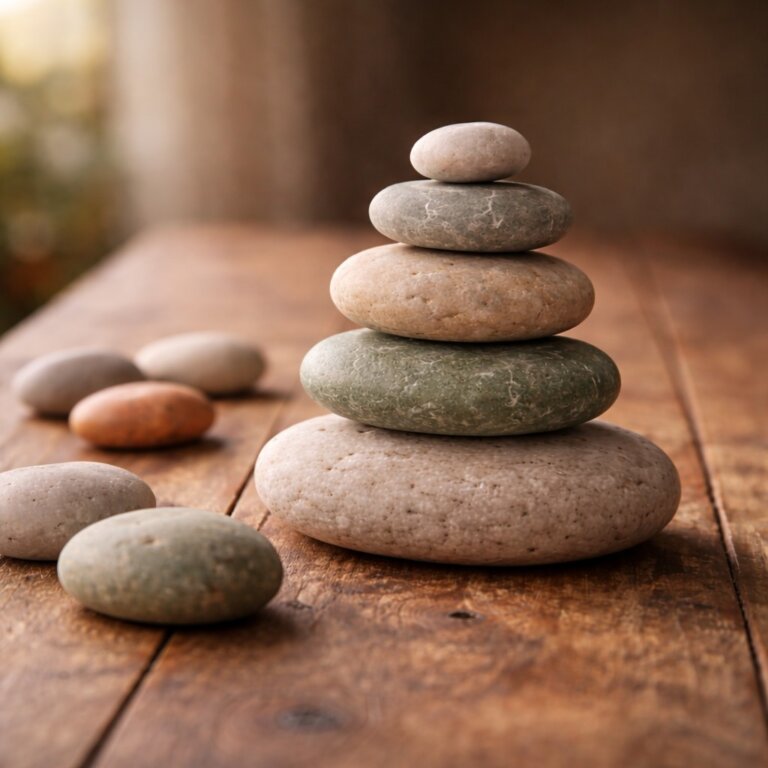 Fünf naturbelassene Steine sind ruhig und stabil aufeinander gestapelt und stehen auf einem alten Holztisch. Daneben liegen einzelne Steine ungeordnet. Die warmen Zeniorenfarben und das sanfte Licht vermitteln Orientierung, innere Ruhe und beginnende Ordnung.