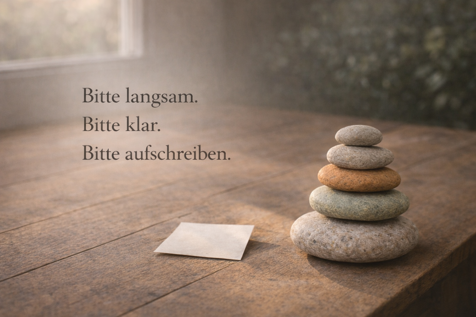 Ruhiges Zenioren-Motiv in Sandbeige, Salbeigrün und Steingrau: fünf naturbelassene Steine als Steinturm am rechten Bildrand auf einem Holztisch im warmen Fensterlicht, daneben ein neutraler Zettel als Symbol für „Bitte aufschreiben“, Sinnbild für Würde, Klarheit und innere Ordnung in überfordernden Gesprächssituationen.