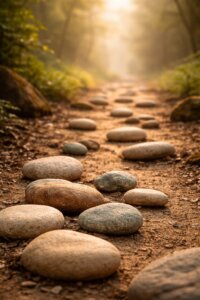 Naturweg mit unterschiedlich großen Steinen in Zeniorenfarben, die einzeln auf einem ruhigen Waldpfad liegen und im warmen Morgenlicht symbolisch für einen schweren Weg stehen, der Schritt für Schritt leichter wird.