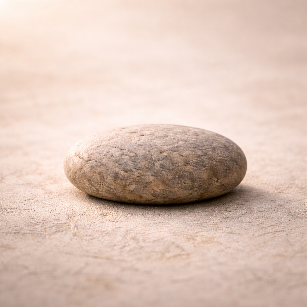 Ein einzelner naturbelassener Stein auf heller Steinfläche im warmen Licht – Symbol für Klarheit, Sicht schaffen und inneren Halt.