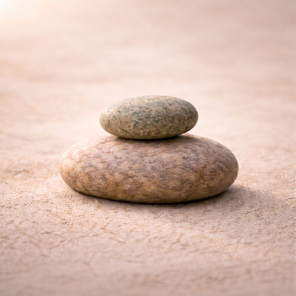 Zwei naturbelassene Steine in Sandgrau und Salbeigrün liegen ruhig übereinander – Symbol für Tempo rausnehmen und innere Stabilität.