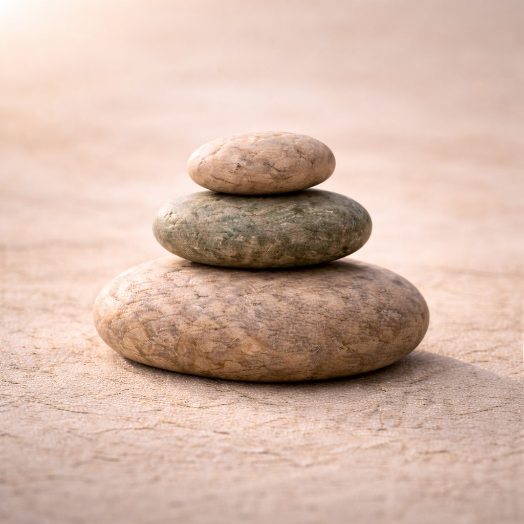 Drei naturbelassene Steine in Zeniorenfarben bilden einen kleinen Turm – Symbol für Entscheidung, Klarheit und innere Ausrichtung.