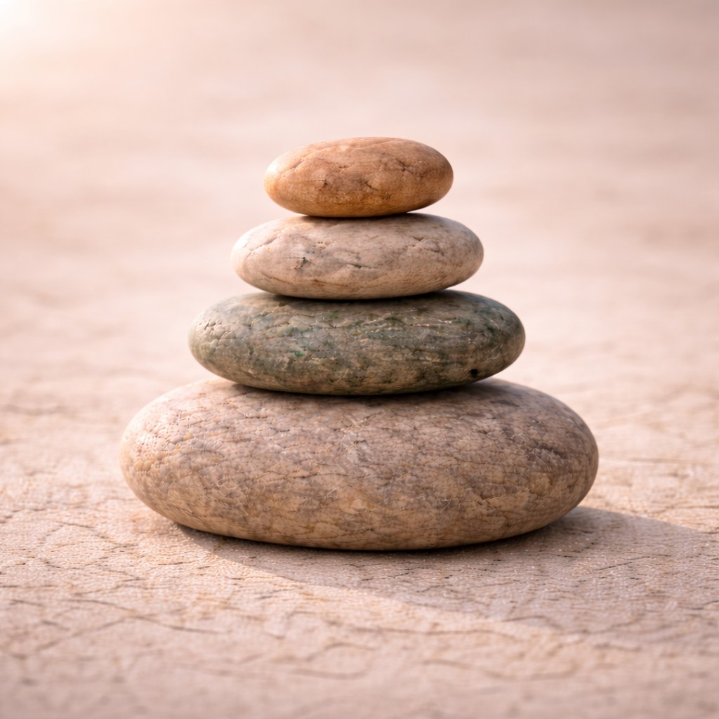Vier naturbelassene Steine in warmen Erd- und Salbeitönen als stabiler Turm – Symbol für Integration und gewachsene innere Ordnung.