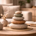 Steinturm aus fünf naturbelassenen Steinen auf Holztisch im warmen Wohnzimmerlicht – Symbol für innere Ordnung und Orientierung im Alltag.