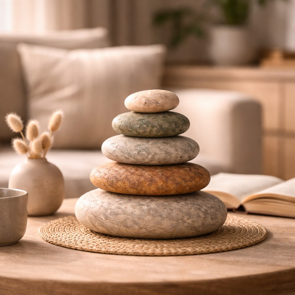 Steinturm aus fünf naturbelassenen Steinen auf Holztisch im warmen Wohnzimmerlicht – Symbol für innere Ordnung und Orientierung im Alltag.