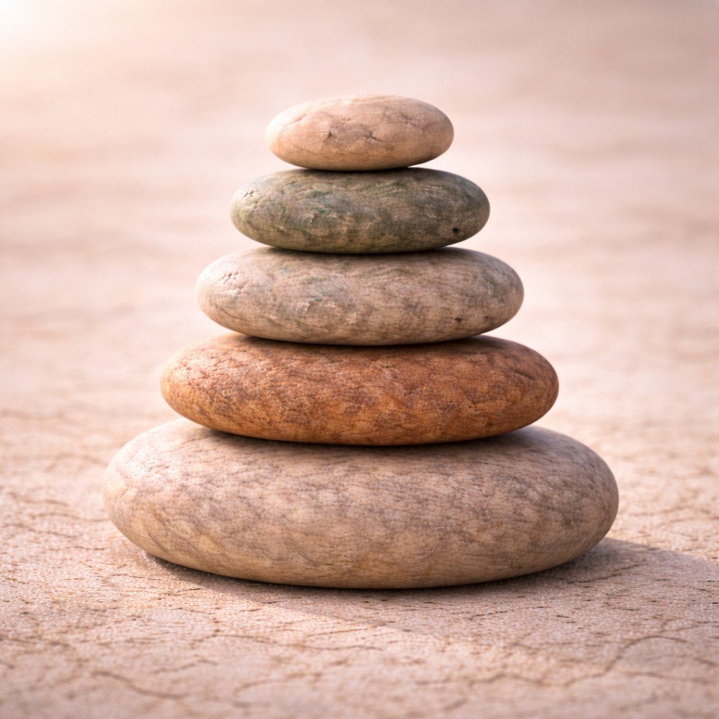 Fünf naturbelassene Steine in abgestuften Zeniorenfarben als Turm – Symbol für nachhaltige Klarheit und innere Stabilität.