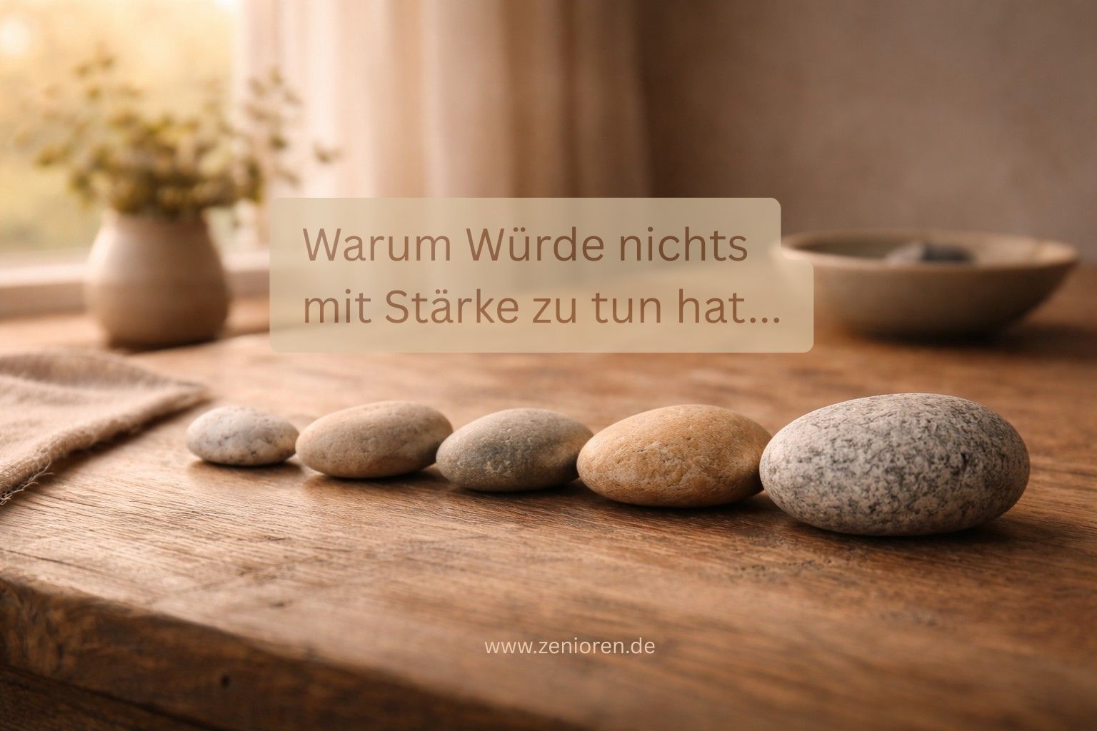 Fünf naturbelassene Steine in warmen Sand-, Salbei- und Grautönen liegen geordnet auf einem alten Holztisch im Tageslicht. Das Bild steht für Würde, innere Ordnung, Halt in belastenden Lebensphasen und bewusste Selbstklärung im Älterwerden.