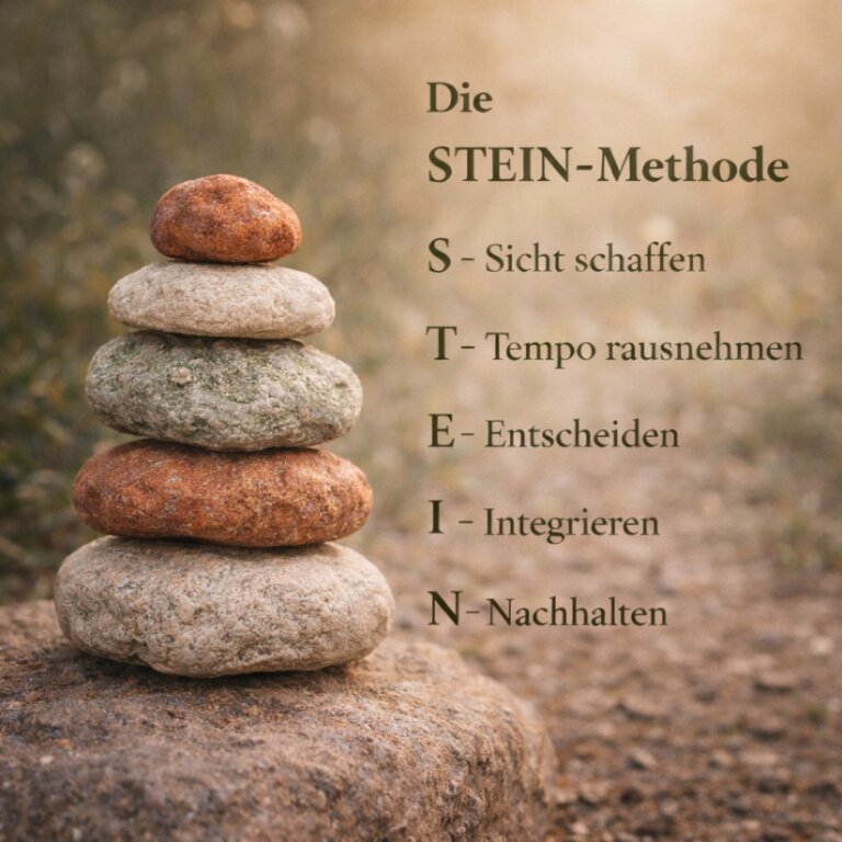 Fünf naturbelassene Steine in Zeniorenfarben bilden einen Steinturm in der Natur – Symbolbild für die STEIN-Methode mit den fünf Schritten Sicht schaffen, Tempo rausnehmen, Entscheiden, Integrieren und Nachhalten.