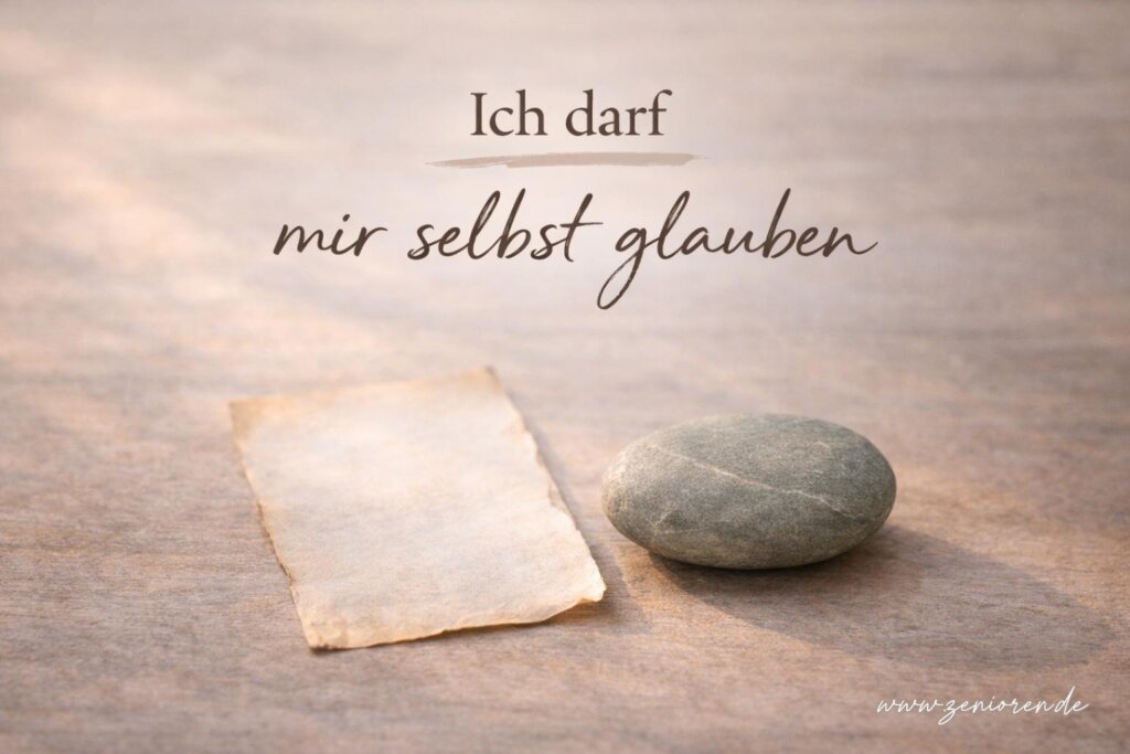 Zenioren Bild zum Stein des Monats „Erlaubnis“: alter Papierzettel ohne lesbare Schrift neben einem naturbelassenen Stein in salbeigrauem Ton auf einem ruhigen Holztisch im warmen Vormittagslicht. Symbol für alte Regeln, Erlaubnis und innere Ordnung, matte Zeniorenfarben und viel Weißraum. Overlay-Text: „Ich darf mir selbst glauben“.
