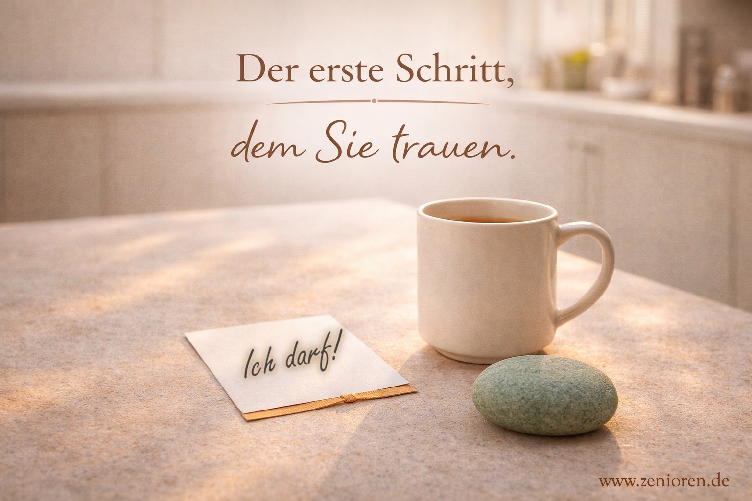 Ruhiger Küchentisch im warmen Abendlicht: eine helle Tasse, ein kleiner blanker Zettel mit feinem Band und ein einzelner salbeigrüner Stein liegen nebeneinander. Viel Weißraum. Overlay: „Der erste Schritt, dem Sie trauen.“