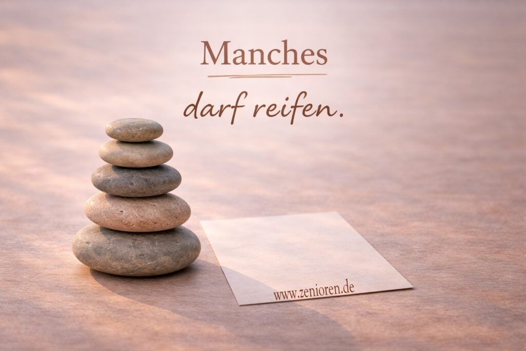 Zenioren Blogbild „Manches darf reifen“: Ruhiger Tisch im warmen späten Nachmittagslicht mit viel Weißraum. Links ein Zenioren-Steinturm aus exakt fünf naturbelassenen Steinen in Zeniorenfarben (warmes Grau, Salbei, Sandbeige, dezenter erdig-oranger Akzent). Daneben liegt ein kleiner blanker Zettel ohne Schrift als Symbol für Notieren und innere Ordnung. Overlay-Text: „Manches darf reifen.“