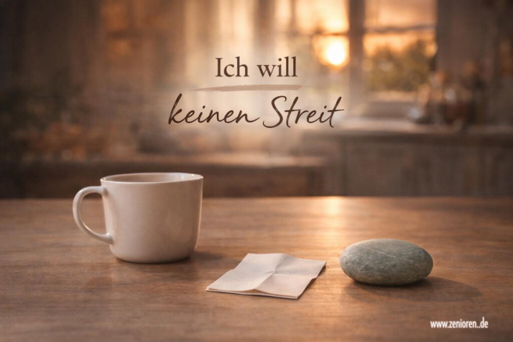 Zenioren Blogbild zur stillen Konfliktvermeidung und inneren Ordnung: warmer Küchentisch im Abendlicht, helle Tasse, kleiner unbeschrifteter Zettel und ein einzelner naturbelassener Stein in Zeniorenfarben. Weiche Unschärfe am Fenster im Hintergrund, matte Texturen, viel Ruhe. Overlay-Text: „Ich will keinen Streit“.