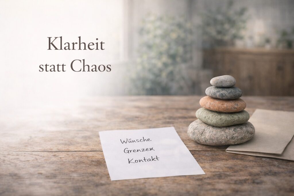 Zenioren Bild „Klarheit statt Chaos“: ruhige Tischszene auf naturbelassenem Holztisch im warmen Licht mit viel Weißraum links. Rechts steht ein Zenioren-Steinturm aus exakt fünf unregelmäßigen naturbelassenen Steinen in warmem Steingrau, Salbei und Sandbeige mit sehr dezentem erdig-orangen Akzent. Daneben liegt ein schlichter Zettel mit den handschriftlichen Worten „Wünsche“, „Grenzen“, „Kontakt“ sowie ein neutraler Umschlag als Symbol für Vorsorge, Gespräch und tragfähige Orientierung.