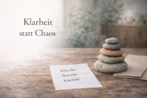 Zenioren Bild „Klarheit statt Chaos“: ruhige Tischszene auf naturbelassenem Holztisch im warmen Licht mit viel Weißraum links. Rechts steht ein Zenioren-Steinturm aus exakt fünf unregelmäßigen naturbelassenen Steinen in warmem Steingrau, Salbei und Sandbeige mit sehr dezentem erdig-orangen Akzent. Daneben liegt ein schlichter Zettel mit den handschriftlichen Worten „Wünsche“, „Grenzen“, „Kontakt“ sowie ein neutraler Umschlag als Symbol für Vorsorge, Gespräch und tragfähige Orientierung.