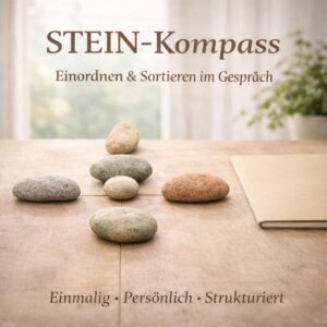 Zenioren Markenbild für den STEIN-Kompass: fünf naturbelassene Steine in warmem Steingrau, Sandbeige und Salbeigrün mit sehr dezentem erdig-orangen Akzent liegen geordnet auf einem natürlichen Holztisch im klaren warmen Tageslicht, angeordnet wie ein Kompass als Symbol für Orientierung und Struktur. Im Bildtext: „STEIN-Kompass – Einordnen & Sortieren im Gespräch – Einmalig · Persönlich · Strukturiert“.