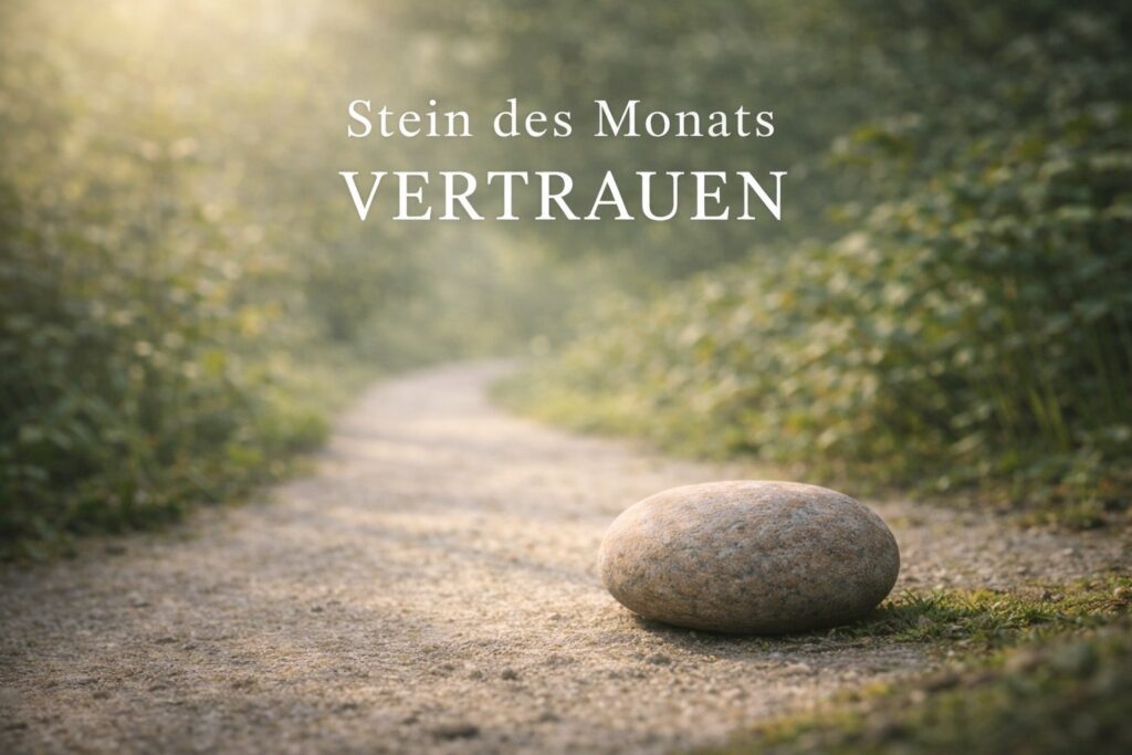 Zenioren Bild „Stein des Monats Vertrauen“: ein einzelner naturbelassener Stein liegt als stiller Orientierungspunkt auf einem hellen Naturweg im warmen Morgenlicht. Der Weg führt weich weiter in ruhige Grün- und Sandtöne, mit viel Tiefe und natürlichem Licht als Symbol für Vertrauen, Richtung und den nächsten tragfähigen Schritt, auch wenn noch nicht alles sichtbar ist.