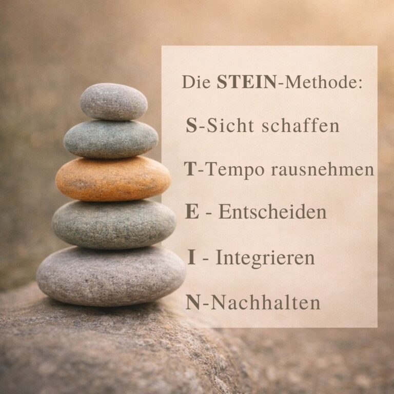 Fünf naturbelassene Steine sind zu einem stabilen Turm gestapelt. Die Steine zeigen ruhige Grautöne, Salbeigrün und einen warmen orangefarbenen Akzent. Neben dem Steinturm befindet sich ein helles Textfeld mit der Überschrift „Die STEIN-Methode“ und den fünf Schritten: Sicht schaffen, Tempo rausnehmen, Entscheiden, Integrieren, Nachhalten. Die Szene wirkt ruhig, klar und würdevoll und vermittelt Orientierung und Ordnung in belastenden Themen des Älterwerdens und Begleitens.