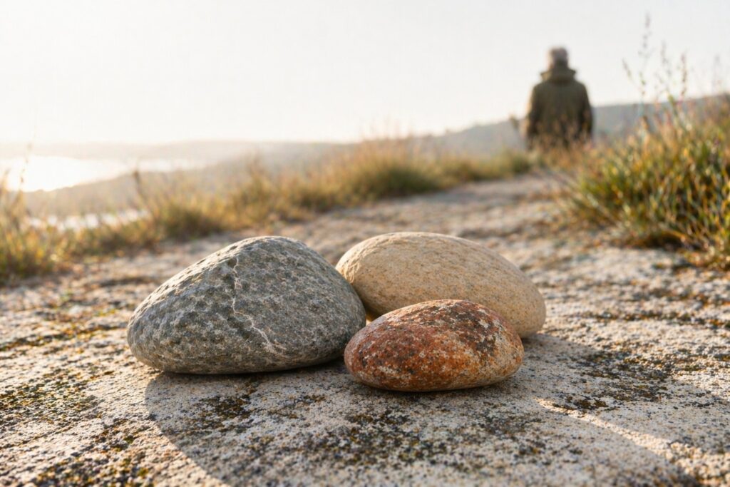 Drei unterschiedlich geformte naturbelassene Steine in warmen Grau-, Beige- und Salbeitönen liegen in Beziehung auf hellem Naturgrund im klaren Morgenlicht, mit einer dezenten Rückenfigur im Hintergrund – Symbol für Generationen, unterschiedliche Prägungen und Orientierung im Älterwerden.