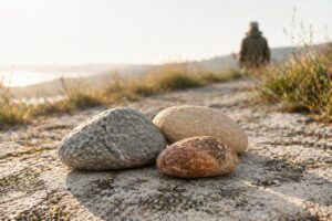 Drei unterschiedlich geformte naturbelassene Steine in warmen Grau-, Beige- und Salbeitönen liegen in Beziehung auf hellem Naturgrund im klaren Morgenlicht, mit einer dezenten Rückenfigur im Hintergrund – Symbol für Generationen, unterschiedliche Prägungen und Orientierung im Älterwerden.