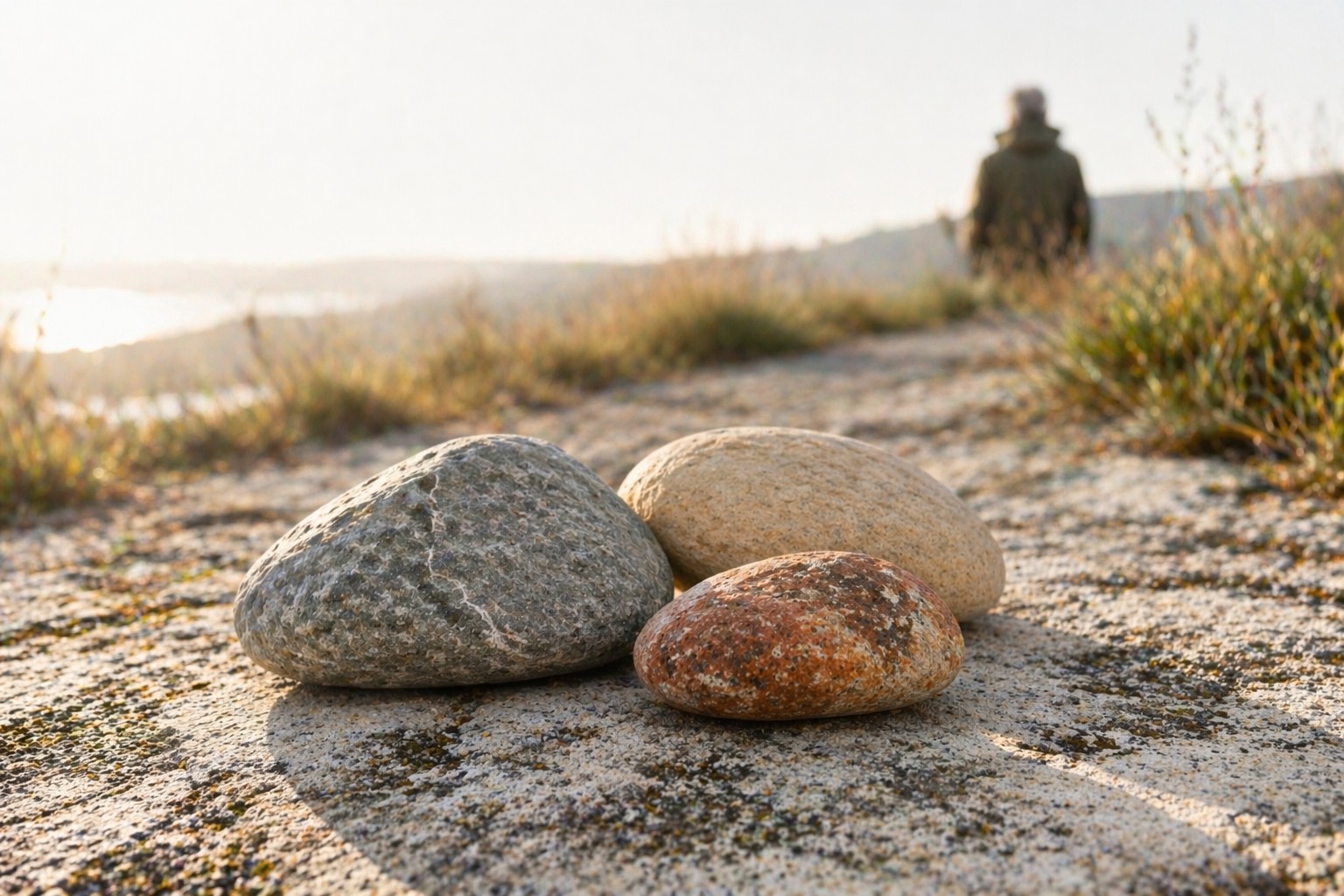 Drei unterschiedlich geformte naturbelassene Steine in warmen Grau-, Beige- und Salbeitönen liegen in Beziehung auf hellem Naturgrund im klaren Morgenlicht, mit einer dezenten Rückenfigur im Hintergrund – Symbol für Generationen, unterschiedliche Prägungen und Orientierung im Älterwerden.