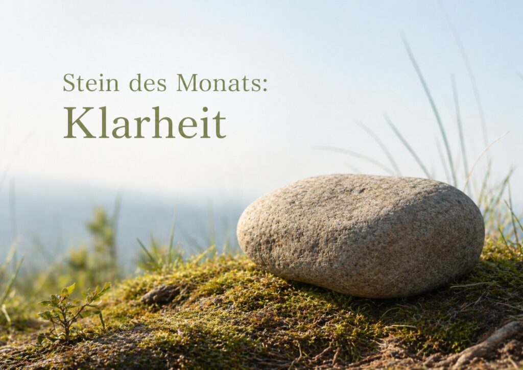 Blogtitelbild zum Stein des Monats Klarheit bei Zenioren: Ein einzelner naturbelassener Stein liegt ruhig eingebettet in heller, natürlicher Umgebung und steht sinnbildlich für Klarheit, Orientierung und einen tragfähigen weiteren Weg im Älterwerden.