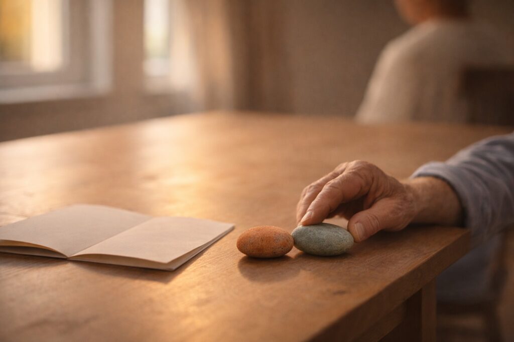 Nahaufnahme eines natürlichen Holztisches im warmen Tageslicht: Eine ältere Hand schiebt einen grünlich-salbeifarbenen Stein behutsam zu einem warm erdig-orangen Stein, daneben ein leicht geöffnetes leeres Papier – Symbol für Beziehung, Annäherung und gemeinsam getragene Verantwortung.