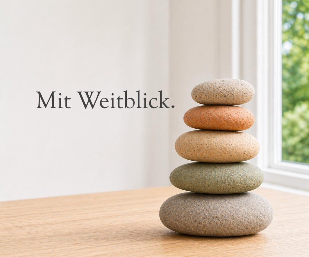 Zenioren Blogbild mit exakt fünf naturbelassenen Steinen in Zeniorenfarben auf hellem Holztisch am Fenster, klares Tageslicht und viel Freiraum als Sinnbild für Klarheit, Orientierung und Weitblick im Älterwerden.