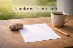 Ruhiger Holztisch im warmen Tageslicht mit naturbelassenem Stein, blankem weißen Papier, Holzstift und schlichter Kaffeetasse als Symbol für Klarheit, Orientierung und den nächsten Schritt im Älterwerden.