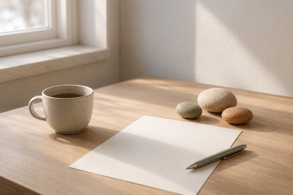 Ruhige Tischszene im klaren Morgenlicht mit Tasse, leerem Blatt, Stift und drei naturbelassenen Zenioren-Steinen. Das Bild vermittelt Monatsende, leisen Rückblick, beginnende Gesprächsbereitschaft und Klarheit zwischen Generationen.