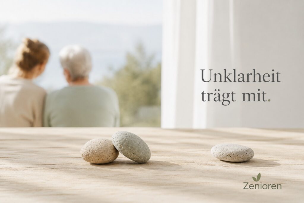 Ruhiges Zenioren-Markenbild mit zwei naturbelassenen Steinen in Beziehung und einem einzelnen Stein in leichtem Abstand auf einer hellen Holzfläche. Im Hintergrund sitzen zwei Menschen unscharf nebeneinander im klaren Tageslicht. Der Overlaytext „Unklarheit trägt mit.“ vermittelt Generationenbeziehung, unausgesprochene Themen und mögliche Entlastung.