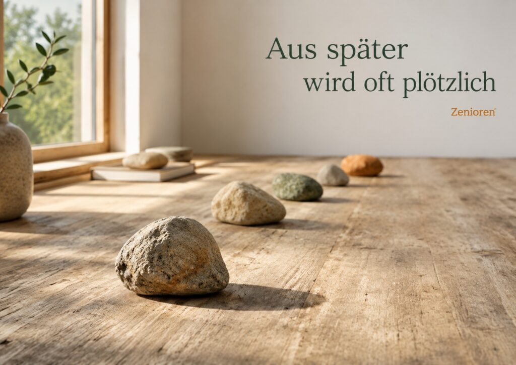 Zenioren-Blogbild mit naturbelassenem Marker-Stein auf hellem Holztisch im klaren Morgenlicht, weitere Zeniorensteine in ruhiger Tiefe und dem Overlay „Aus später wird oft plötzlich“ – Sinnbild für rechtzeitige Orientierung, Weitblick und Vorsorge im Älterwerden.