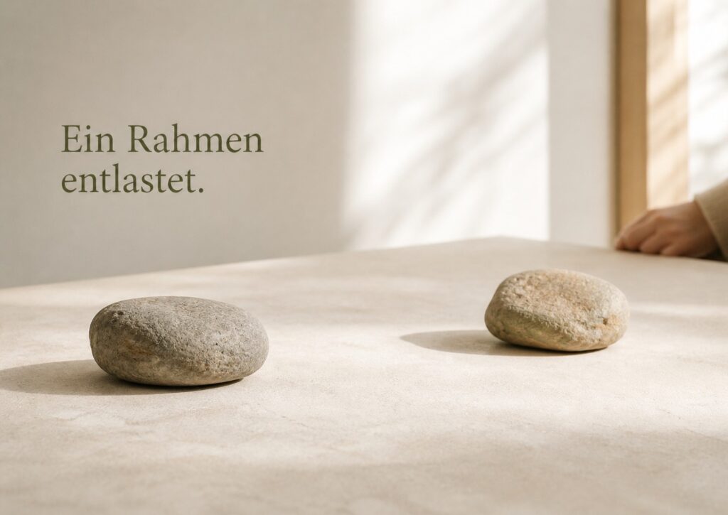 Zenioren Bild mit zwei naturbelassenen Steinen in ruhigem Abstand auf hellem Untergrund, Symbol für Grenze, Klarheit und Selbstachtung.