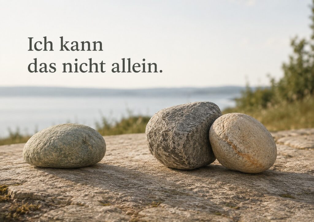 Drei naturbelassene Steine auf hellem Naturboden, zwei nah beieinander und einer mit Abstand, symbolisieren klare Rollen und Verantwortung in Familien. Text: „Klarheit ist auch Verantwortung.“
