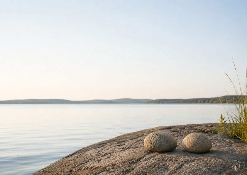 Zwei naturbelassene Steine auf heller Felsfläche am ruhigen Wasser im Morgenlicht, Zenioren-Blogbild zum Thema Gespräch und Beziehung