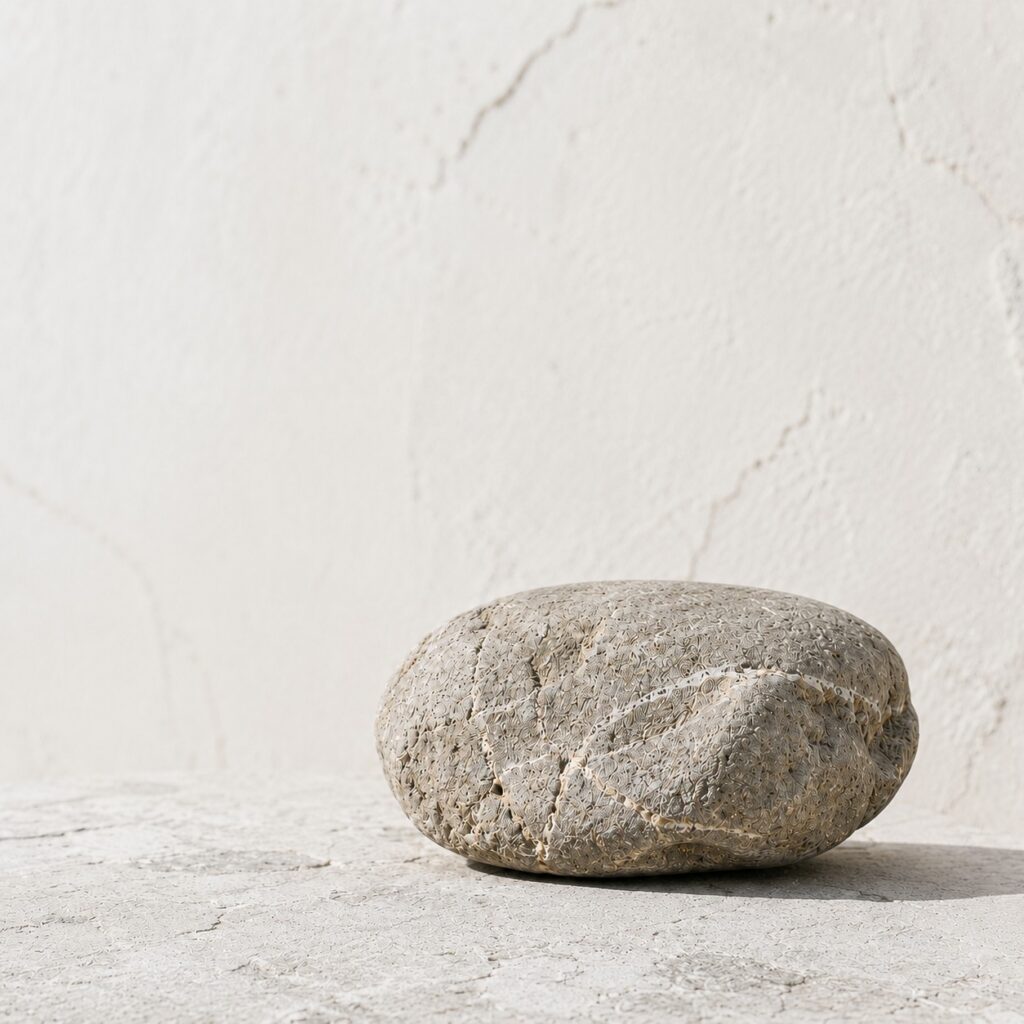 Ein einzelner großer Zenioren-Grundstein in warmem Steingrau liegt auf hellem mineralischem Untergrund vor einer ruhigen hellen Putzwand und symbolisiert Tragfähigkeit, Halt und gelebte Erfahrung.