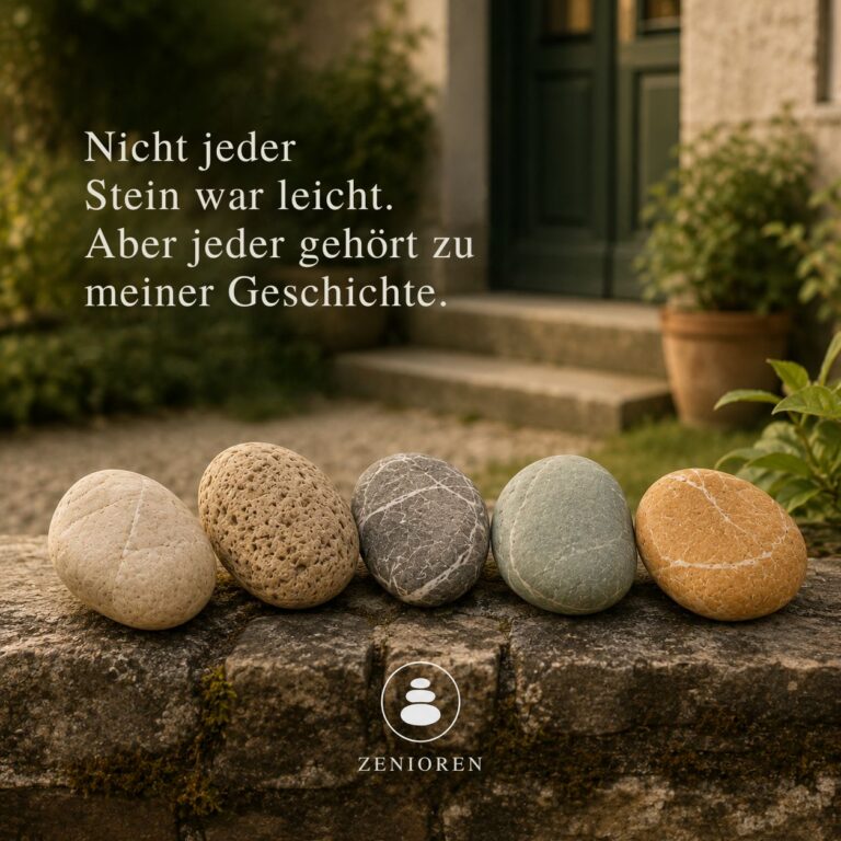 Fünf naturbelassene Steine in unterschiedlichen warmen Zenioren-Farben auf einer alten Gartenmauer vor einem ruhigen Hauseingang. Die Steine wirken verschieden in Form, Struktur und Gewicht. Bild zum Impuls „Nicht jeder Stein war leicht. Aber jeder gehört zu meiner Geschichte“ als Symbol für Biografie, gelebtes Leben, Würde und das, was einen Menschen geprägt hat.
