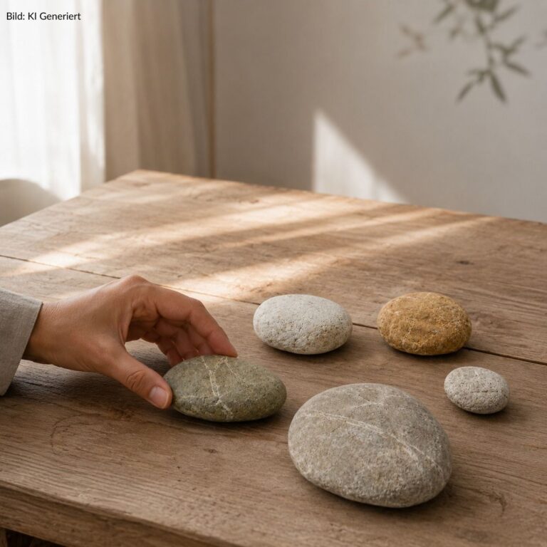 Eine Hand berührt einen erdig-orangen Zenioren-Markenstein auf einem Holztisch, während die übrigen Lebenssteine ruhig danebenliegen. Das Bild steht für Auswahl, Entscheidung und bewusste Lebensklärung.