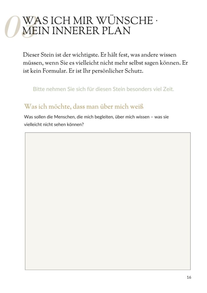 Einblick in den Stein "Meine Geschichte. Meine Steine. Mein Wille". Ein Zenioren-Wegweiser.