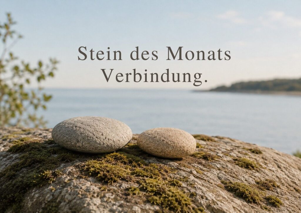 Zwei naturbelassene Zenioren-Steine auf moosigem Felsen am ruhigen Wasser als Blogbild zum Stein des Monats Juli „Verbindung“. Symbol für Beziehung, Kontakt, Älterwerden und innere wie zwischenmenschliche Verbindung.