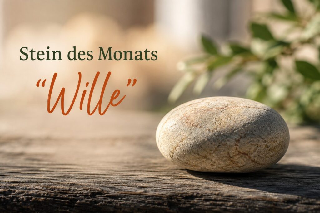 Zenioren Bild mit einem einzelnen naturbelassenen Stein auf einer alten Holzfläche im warmen natürlichen Licht. Das Overlay „Stein des Monats Wille“ eröffnet den August als ruhiges Symbol für eigenen Willen, gelebtes Leben und eine Richtung, die aus den Steinen des Lebens wachsen darf.