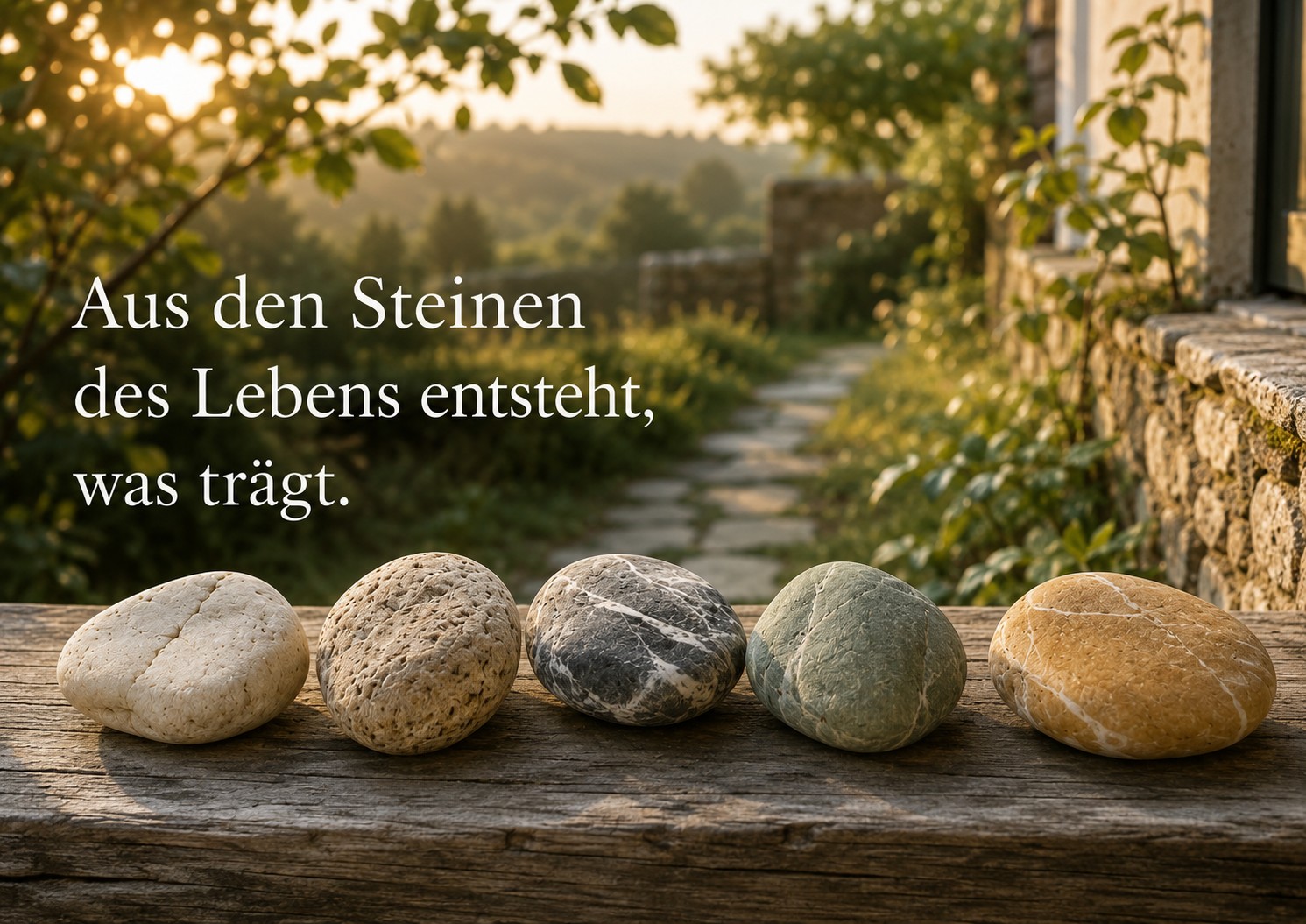 Zenioren-Blog-Bild. mit fünf naturbelassenen Steinen in warmen Zenioren-Farben auf einer alten Gartenmauer im goldenen Abendlicht. Im Hintergrund führen Hauswand, Grün und ein Gartenweg in die Tiefe. Bild zum Beitrag „Aus den Steinen des Lebens entsteht, was trägt“ als Symbol für Biografie, gelebtes Leben, Würde und das, was im Älterwerden Halt geben darf.