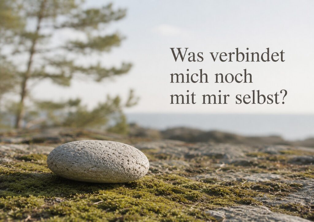 Einzelner naturbelassener Zenioren-Stein auf moosigem Felsen in ruhiger Natur am Wasser. Blogbild zum Stein des Monats Juli „Verbindung“ über innere Verbindung, Älterwerden und Selbstwahrnehmung.