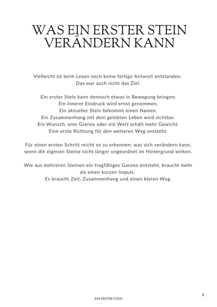 Einblick in den kostenlosen Zenioren-Impuls "Ein erster Stein". Klären Sie, was gerade in Ihrem Leben Raum braucht.