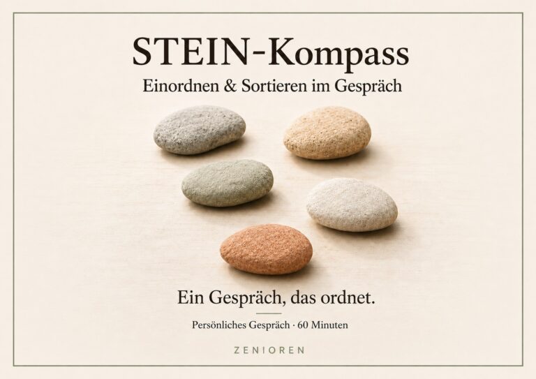 Produktbild des Zenioren STEIN-Kompasses mit fünf naturbelassenen Steinen und dem Hinweis „Einordnen & Sortieren im Gespräch“.